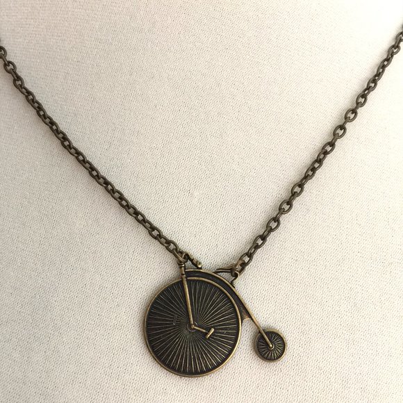 Antiqued Brass Penny farthing Bicycle Aged Bike Oxidized Charm Pendant Necklace - Picture 2 of 4